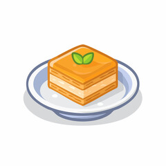 Isometric Pixelated Dessert Slice on Plate with Green Garnish against White Background