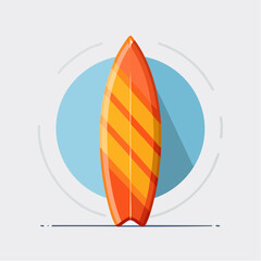 Orange And Yellow Surfboard With Shadow Against Light Blue Circle On White Background