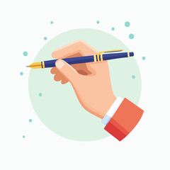Hand Holding A Blue And Gold Pen Writing With A Teal Circular Background And Speckled Details