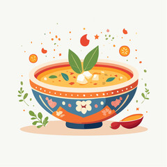 Colorful Illustration of Soup Bowl with Floral Pattern Garnished with Herbs and Spices on White Background