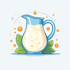 Blue and White Jug with Liquid and Decorative Citrus Elements in a Light Background Illustration