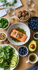 Healthy meal with salmon avocado spinach blueberries and walnuts on a wooden table top view