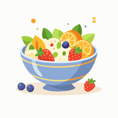 Vibrant Pixelated Fruit Bowl Illustration with Berries Citrus and Green Leaves on White Background