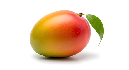 Isolated ripe mango with leaf on white background showing vibrant colors and smooth skin texture