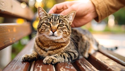 A tabby cat resting on a park bench, being petted by a person