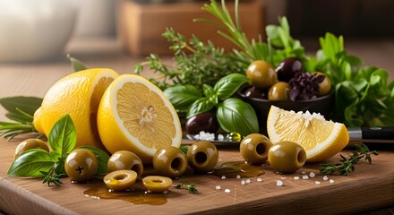 Lemons and olives arrangement on wooden board with herbs and spices for cooking food prep