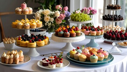 A table laden with colorful pastries and desserts