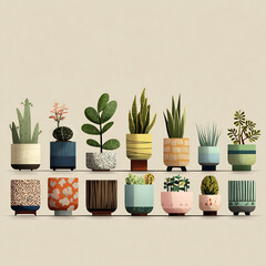 Collection of modern potted houseplants in minimalist flat design, featuring succulents and green foliage for interior decor
