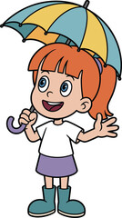 Cartoon girl, umbrella, rainy day, orange hair, smiling child, vector art, kids illustration, colorful outfit, cheerful character, children content