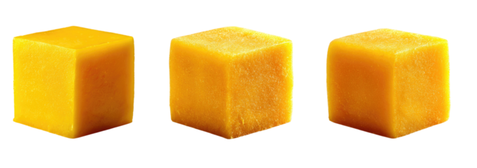 Three cubed pieces of yellow cheese