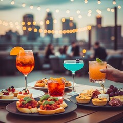 Rooftop cocktails and appetizers at sunset with city lights in the background ambiance scene