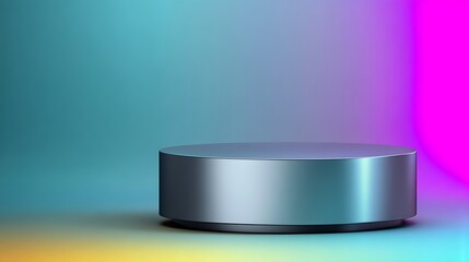 Chrome metallic round podium at bottom center with futuristic gradient light background and wide blank space, ideal for product display and modern tech innovation.
