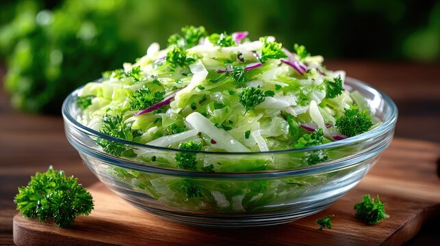 Close Up of Pickled Cabbage Salad in Glass Bowl with Parsley and Red Cabbage on Wooden Board in Soft Lighting