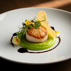 Seared scallop with pea puree and edible flowers on a white plate served as a gourmet dish