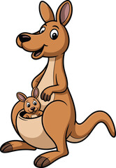Cartoon kangaroo with joey in pouch, smiling marsupial character, cute animal illustration, wildlife theme, children’s drawing, nature concept, digital artwork