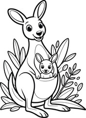 Cartoon kangaroo with joey in pouch, black and white line drawing, marsupial animal illustration, nature foliage background, coloring page, educational artwork