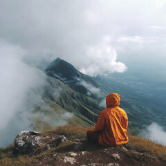 Person in orange raincoat sits on mountain edge, overlooking a vast, misty mountain landscape with clouds.