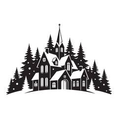 Naklejka premium Black Silhouette of a Winter Village with Christmas Trees and Snowflakes Keywords: winter village, Christmas, house, building, church, Christmas Day