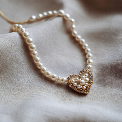 Elegant pearl necklace featuring a sparkling gold heart pendant with diamonds and smaller pearls on textured fabric.