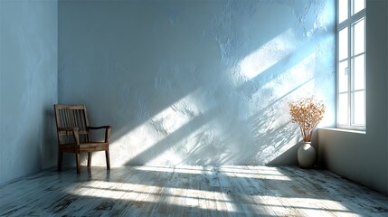Clean empty wall with sunlight shadow pattern creating 80% blank space, ideal for modern furniture catalog design, interior mockups, home decor presentations, and minimalistic product display.