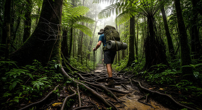 Adventurous hiker explores a lush, dense rainforest with a large backpack and walking stick.