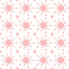 Geometric fabric pattern, geometric background with pink floral pattern, yellow flowers, pink heart shape, yellow flower stamens, flowers 