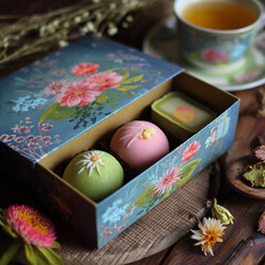 Elegant floral gift box open, revealing colorful traditional decorative pastries like mochi or wagashi, with a cup of tea on a rustic wooden table.