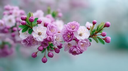 Close Up of Pink and White Cherry Blossoms on Branch with Selective Focus and Bokeh Background in Springtime Serene Floral Composition