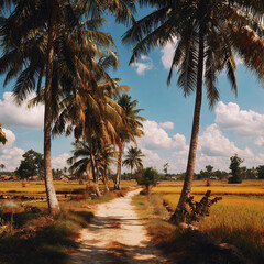 Scenic Dirt Path Amidst Palm Trees and Golden Rice Paddies in a Tropical Landscape