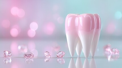 Close up of Pink and White Tooth Model with Diamond Accents on a Glossy Surface and Bokeh Background for Dental Display