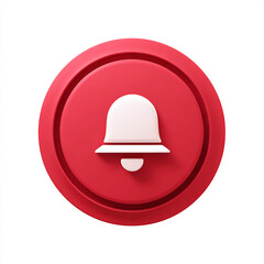 3D rendered white notification bell icon on a round red button, isolated on a white background.