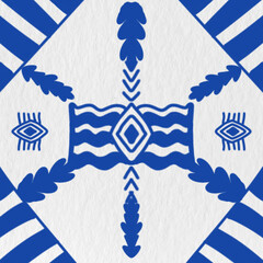 Geometric fabric pattern, geometric background, blue pattern, blue flowers, blue heart shape Geometric fabric pattern. Geometric background with blue fabric and blue pine trees. 