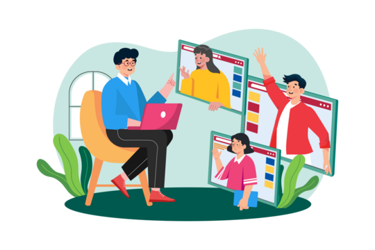 Cartoon Man Sits on Chair Working on Laptop in Front of Four Virtual Meeting Screens with Transparent Background