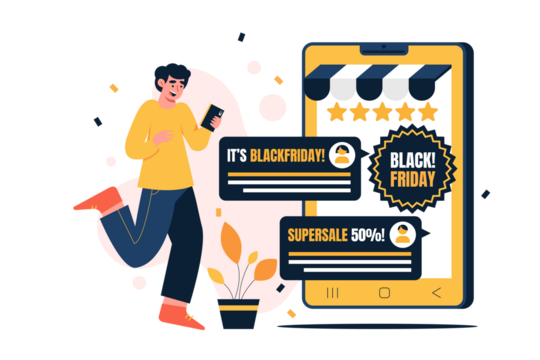 Cartoon Man in Yellow Shirt Smiling at Smartphone Black Friday Deals Pop Up Window Illustration