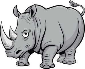 Cartoon rhinoceros, gray body, big horn, strong animal, vector art, grumpy face, thick legs, wildlife character, safari theme, bold design
