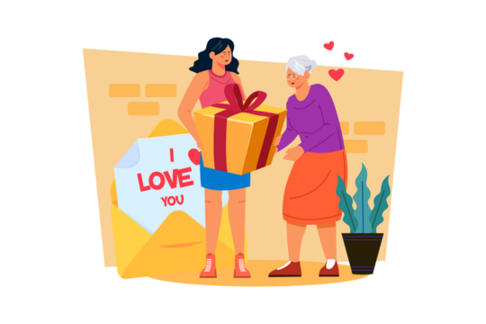 Cartoon Mother and Daughter Giving Gift with Love Letter and Hearts on White Background