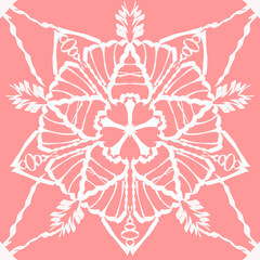 Geometric fabric pattern, geometric background with pink floral pattern, yellow flowers, pink heart shape, yellow flower stamens, flowers 