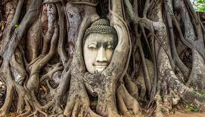 Buddha Head Entwined by Ancient Tree Roots in Ayutthaya Thailand.