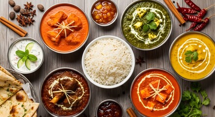 Assorted indian dishes on wooden table with rice, naan, and various curry bowls displayed beautifully