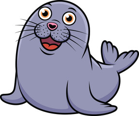 Cartoon seal, smiling face, heart nose, orange eyes, vector art, kids illustration, cute animal, playful character, ocean theme, friendly design