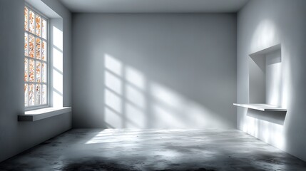 Bright clean wall with soft sunlight shadows, 80% empty background perfect for furniture catalog mockups, home interior design, product presentations, and modern minimal decor styling.
