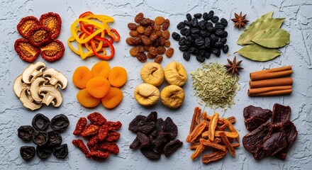 Assortment of dried fruits and spices arranged on a textured gray surface in a studio shot
