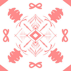 Geometric fabric pattern, geometric background with pink floral pattern, yellow flowers, pink heart shape, yellow flower stamens, flowers 