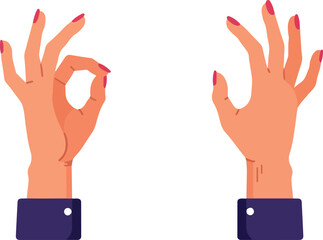 Hands gesturing okay sign and open palm showing nails and sleeves.