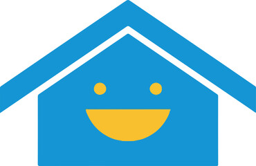 Happy house icon with smiling face and blue roof cheerful home concept.