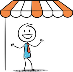 Happy stick figure under a striped orange and white awning ready to sell.
