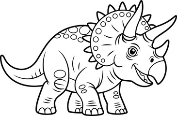 Cartoon triceratops, dinosaur coloring page, black and white drawing, prehistoric animal, three horns, friendly face, vector art, kids activity, fun design