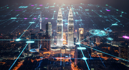 Futuristic cityscape with glowing digital network connections overlaying illuminated skyscrapers at night