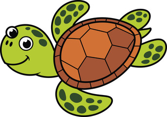 Cartoon turtle, green limbs, brown shell, hexagon pattern, smiling face, vector art, kids illustration, cute animal, friendly character, nature theme
