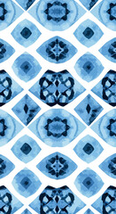 Intricate blue watercolor pattern with geometric shapes and symmetrical design.